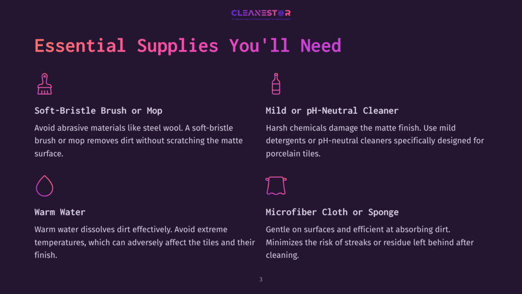 List Of Cleaning Supplies For Matte Porcelain Tiles, Featuring A Soft-Bristle Brush, Mild Cleaner, Warm Water, And Microfiber Cloth, All In A Vibrant Layout.