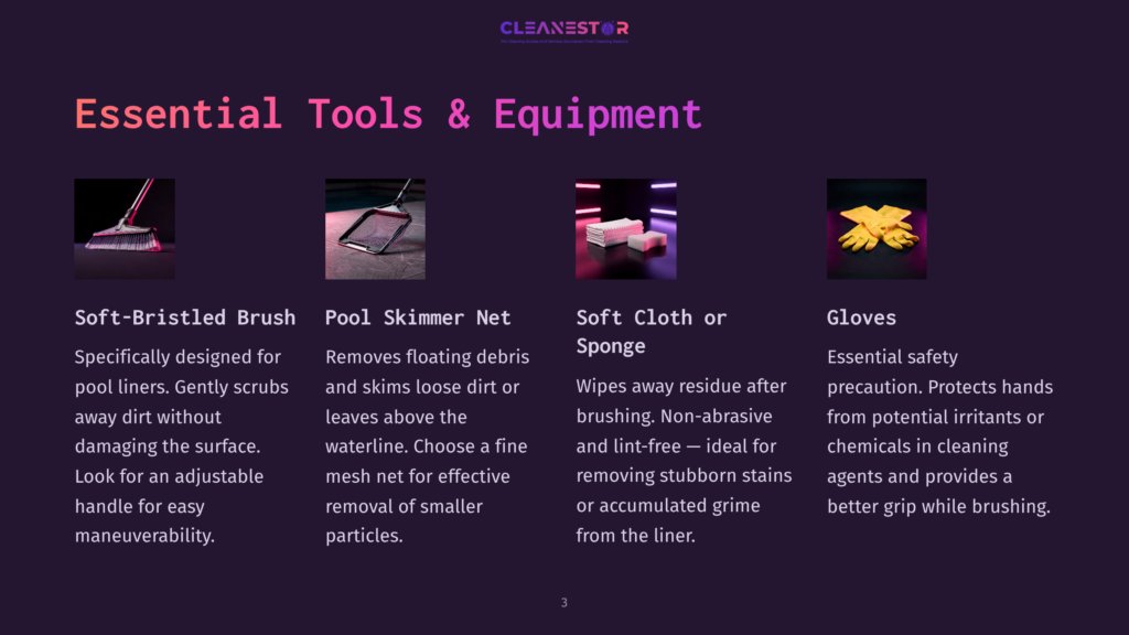 3 Essential Tools And Equipment Four Essential Pool Cleaning Tools: A Soft-Bristled Brush, A Pool Skimmer Net, A Stack Of Soft Cloths Or Sponges, And Yellow Cleaning Gloves, Displayed Against A Dark Background With The Text &Quot;Cleanestor&Quot; At The Top.