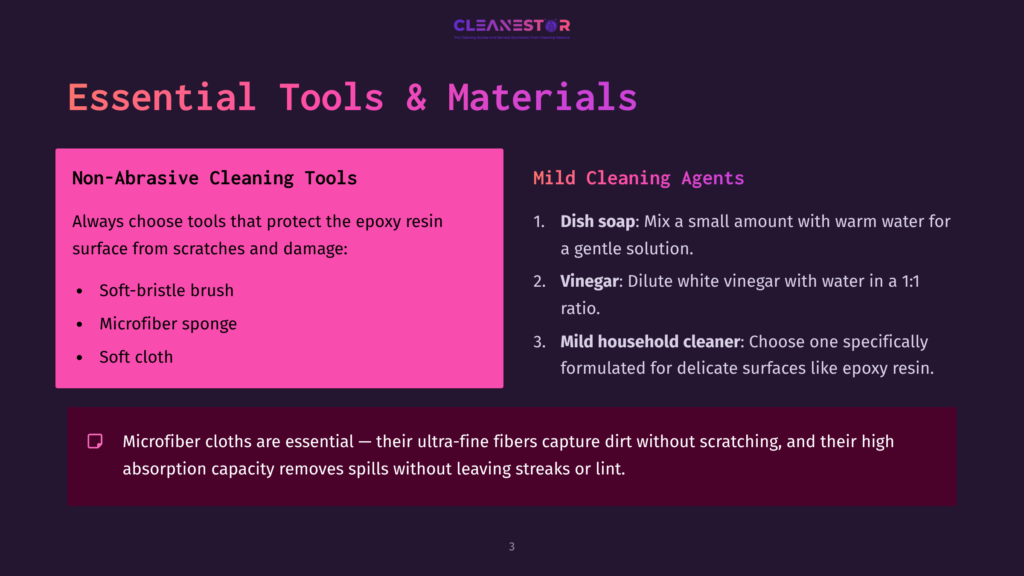 Bright Pink And Purple Slide Listing Essential Non-Abrasive Cleaning Tools And Mild Cleaning Agents For Epoxy Resin, Featuring A Clear Layout.