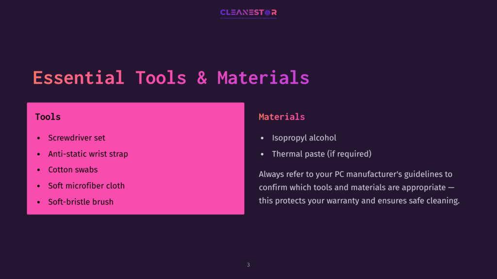 Tools And Materials For Pc Cleaning Displayed On A Dark Background, Featuring A Pink Box Listing Items Like A Screwdriver Set And Isopropyl Alcohol.