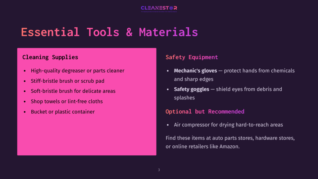 3 Essential Tools And Materials 2 Display Of A List Featuring Cleaning Supplies And Safety Equipment, Set Against A Purple Background With Bold White Text Highlights.
