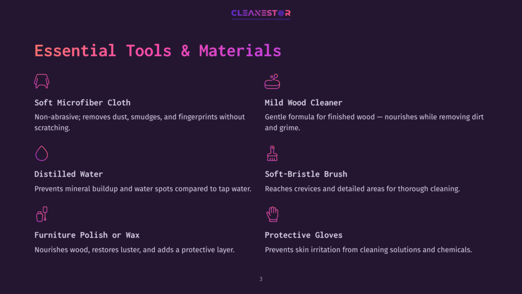Essential Tools &Amp; Materials For Wood Cleaning: Soft Microfiber Cloth, Distilled Water, Furniture Polish, Mild Wood Cleaner, Soft-Bristle Brush, Protective Gloves.