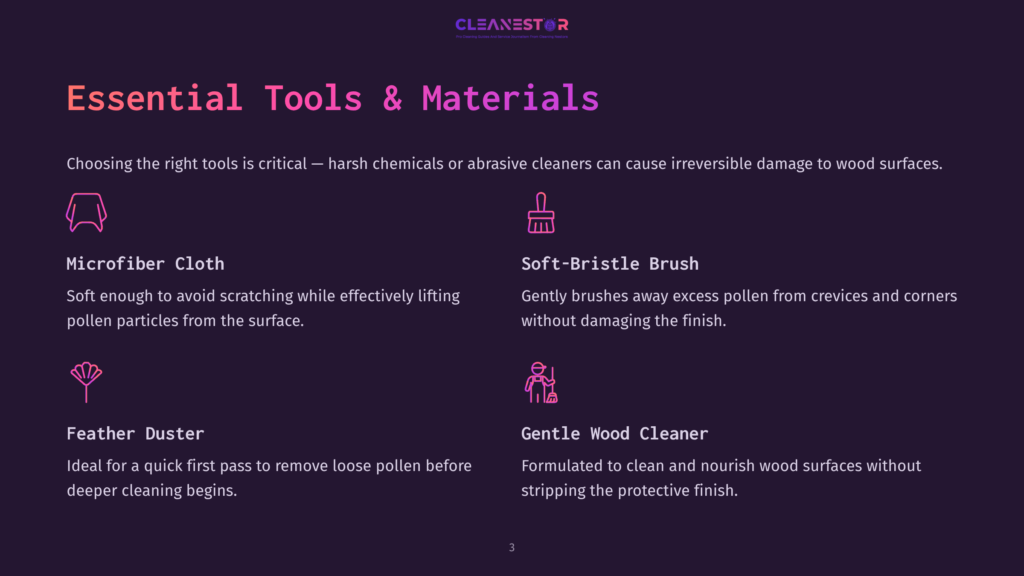 3 Essential Tools And Materials 4 Essential Tools &Amp; Materials For Cleaning: Microfiber Cloth, Soft-Bristle Brush, Feather Duster, And Gentle Wood Cleaner Are Shown With Icons, Emphasizing Safe Wood Surface Cleaning.