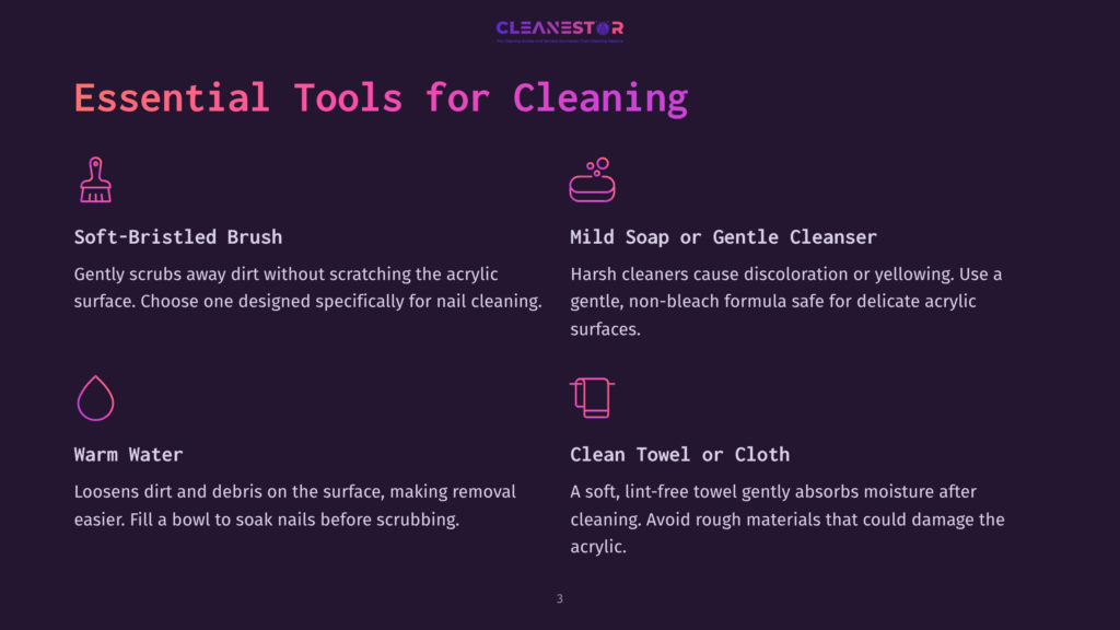 3 Essential Tools For Cleaning Essential Tools For Cleaning Acrylic: A Soft-Bristled Brush, Mild Soap, Warm Water, And A Lint-Free Cloth. The Graphic Features Icons And Text On A Dark Purple Background.