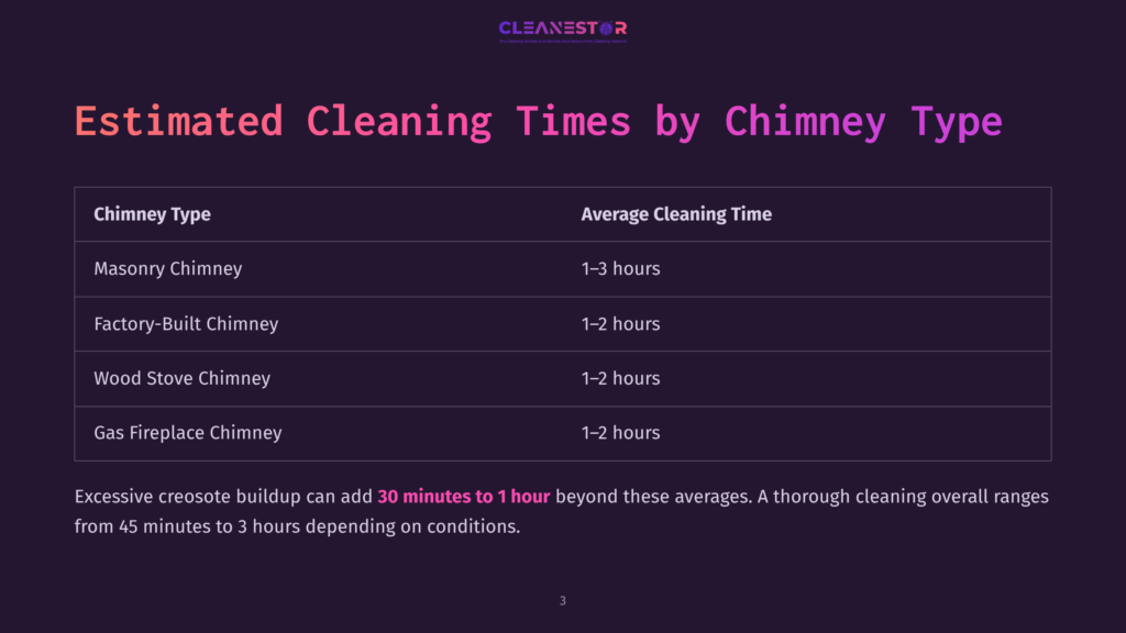Table Showing Estimated Chimney Cleaning Times By Type: Masonry Chimney (1-3 Hours), Factory-Built Chimney (1-2 Hours), Wood Stove Chimney (1-2 Hours), Gas Fireplace Chimney (1-2 Hours). Text Also Notes Excessive Creosote Buildup Can Add 30 Minutes To 1 Hour To Cleaning Times.