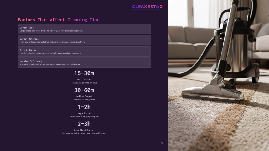 A Professional Carpet Cleaning Machine With A Vacuum Attachment Is Shown Cleaning A Plush, Beige Carpet. The Image Also Displays Text About Factors Affecting Cleaning Time, Including Carpet Size, Material, Dirt, And Machine Efficiency.