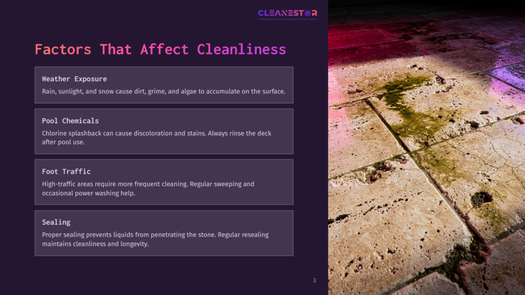 Close-Up Of A Stone Patio With Green Algae And Dirt Stains, Illuminated By Purple And Pink Light, Highlighting Factors That Affect Stone Cleanliness.