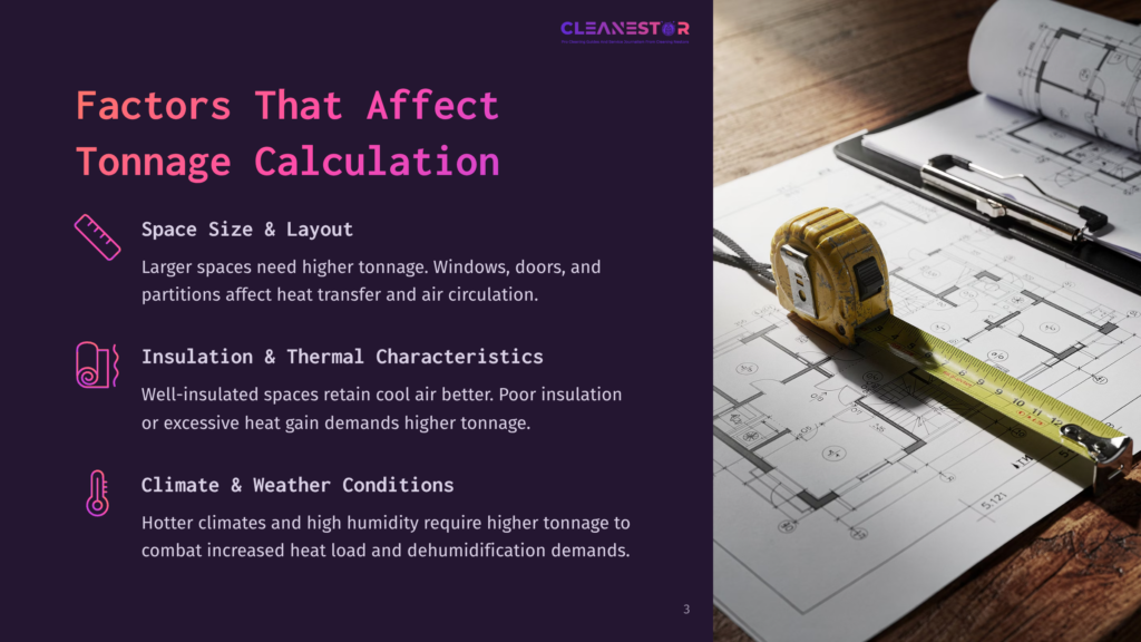 3 Factors That Affect Tonnage Calculation Overhead Shot Of A Blueprint With A Yellow Measuring Tape, A Calculator, And A Pen, Illustrating Factors That Affect Hvac Tonnage Calculation: Space Size &Amp; Layout, Insulation &Amp; Thermal Characteristics, And Climate &Amp; Weather Conditions.
