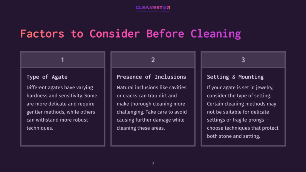 Three Informative Panels With A Dark Background. Each Panel Highlights Key Factors For Cleaning Agate, Using Purple Text And Simple Icons.