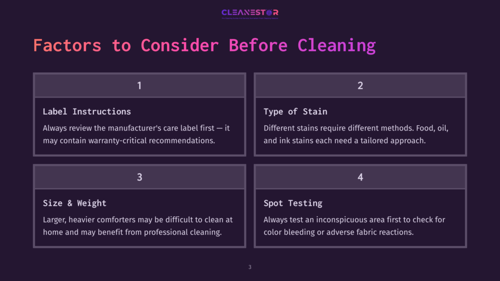 Four Rectangular Panels On A Dark Purple Background, Listing Factors To Consider Before Cleaning A Silk Comforter, With Numbered Headings.