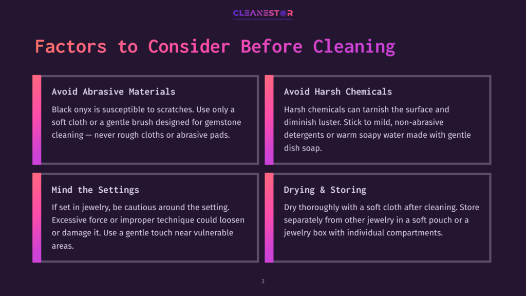 Infographic Titled &Quot;Factors To Consider Before Cleaning&Quot; With Four Sections: &Quot;Avoid Abrasive Materials,&Quot; &Quot;Avoid Harsh Chemicals,&Quot; &Quot;Mind The Settings,&Quot; And &Quot;Drying &Amp; Storing.
