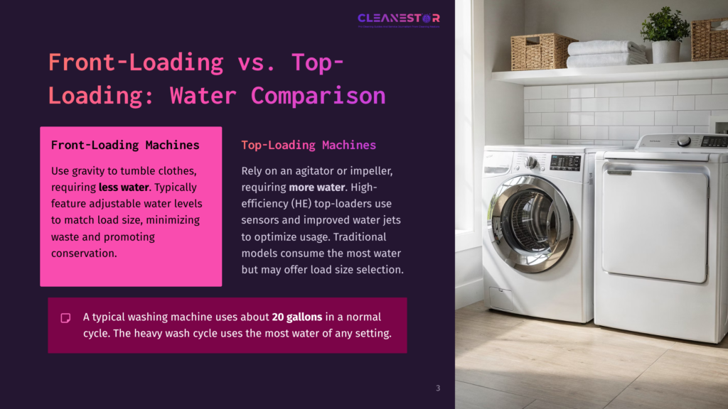 3 Front Loading Vs Top Loading Water Comparison Front-Loading Vs. Top-Loading Washing Machines: A Front-Loading Washer And Dryer Set In A Laundry Room, With Text Comparing The Water Usage Of Front-Loading And Top-Loading Machines.