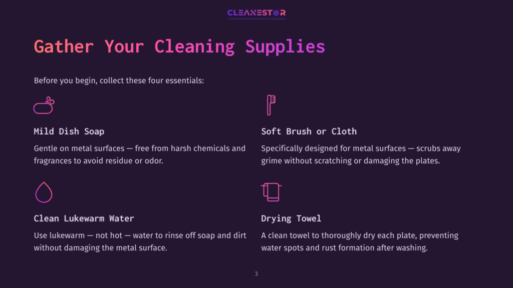 Four Cleaning Supplies Are Listed: Mild Dish Soap, Soft Brush Or Cloth, Lukewarm Water, And A Drying Towel, With Colors In Pink And Purple.