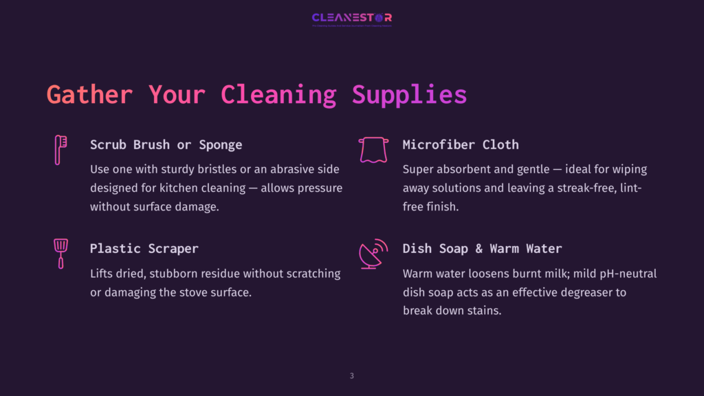 3 Gather Your Cleaning Supplies 10 Graphic With Text: &Quot;Gather Your Cleaning Supplies.&Quot; Lists Four Items: Scrub Brush Or Sponge, Microfiber Cloth, Plastic Scraper, And Dish Soap &Amp; Warm Water, With Brief Descriptions For Each.