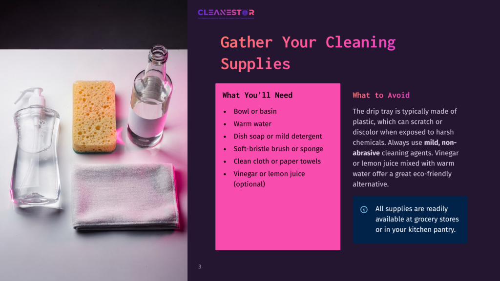 Gather Your Cleaning Supplies: A Bottle Of Dish Soap, A Sponge, A Microfiber Cloth, And A Glass Bottle Of Water Are Arranged On A Dark Background. Text Overlay Reads &Quot;Cleanestor&Quot; And &Quot;Gather Your Cleaning Supplies&Quot;.
