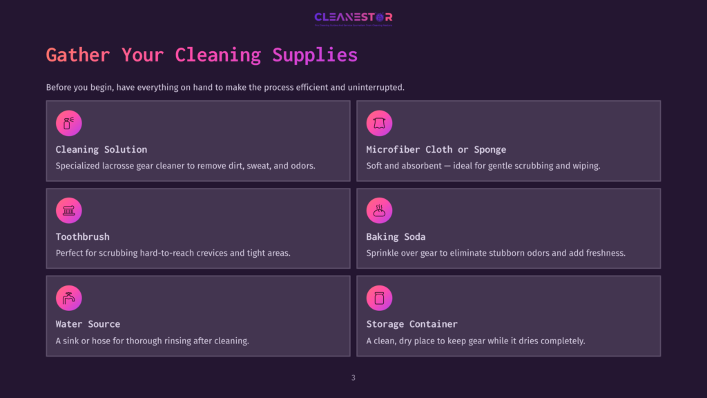 A Graphic Listing The Supplies Needed To Clean Lacrosse Gear: Cleaning Solution, Microfiber Cloth, Toothbrush, Baking Soda, Water Source, And Storage Container.