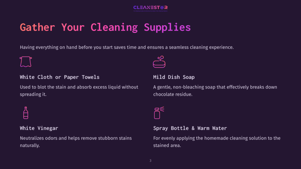 Cleaning Supplies List Featuring White Cloth Or Paper Towels, Mild Dish Soap, White Vinegar, And A Spray Bottle With Warm Water On A Dark Background.