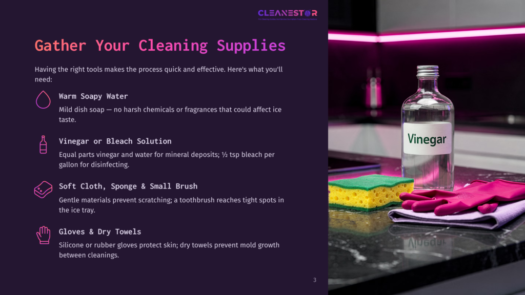 Cleaning Supplies On A Kitchen Counter: A Bottle Of Vinegar, Sponges, A Soft Brush, Gloves, And Towels, With A Purple Light Backdrop.