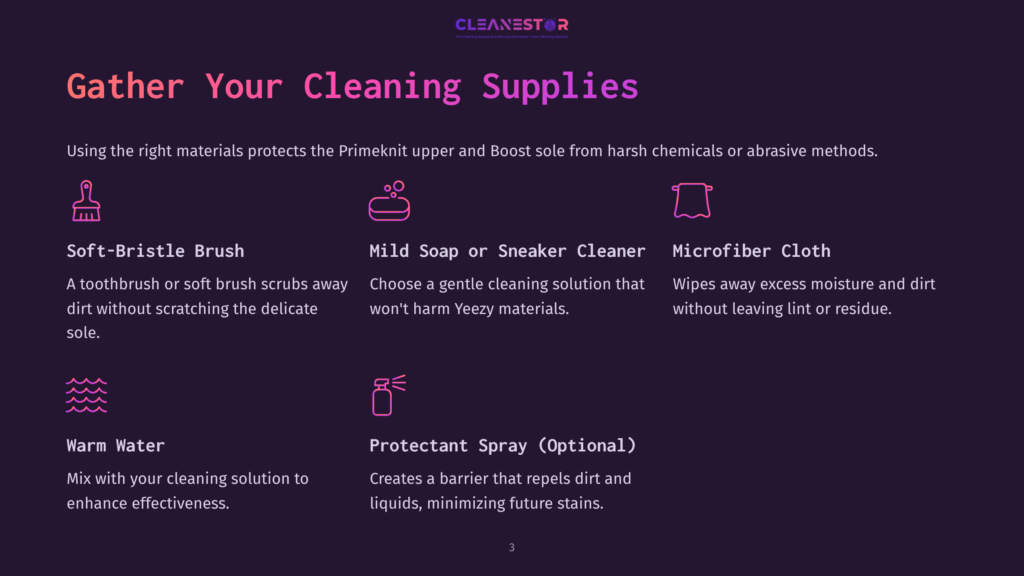 3 Gather Your Cleaning Supplies 6 Graphic Displaying Cleaning Supplies For Shoes: Soft-Bristle Brush, Mild Soap Or Sneaker Cleaner, Microfiber Cloth, Warm Water, And Optional Protectant Spray. Text Reads &Quot;Gather Your Cleaning Supplies.