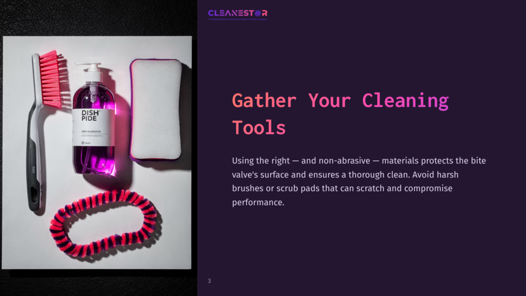 A Pink Dish Bottle, A Cleaning Sponge, A Brush, And A Pink Scrubber Arranged On A Dark Background, With Instructions Beside.