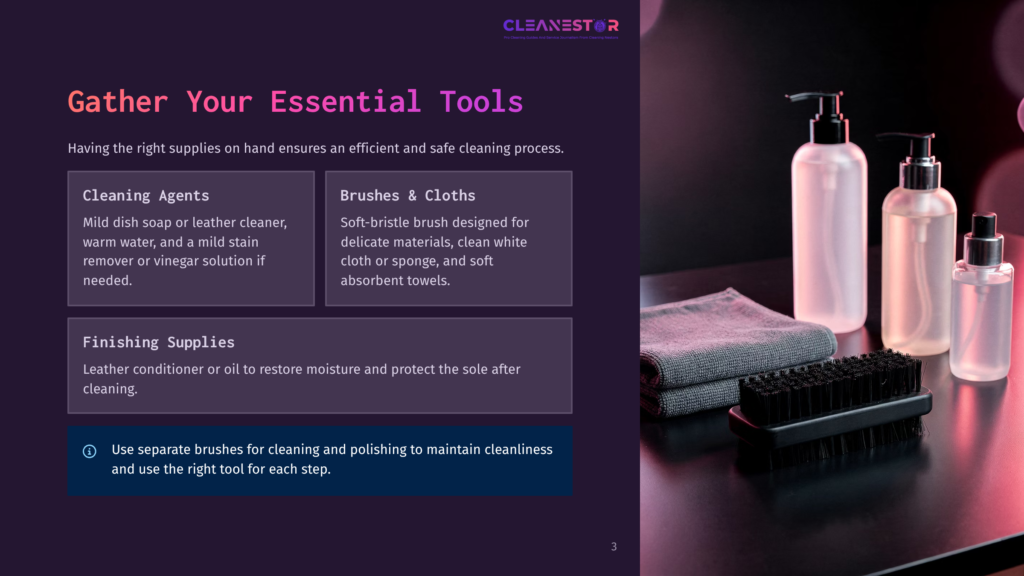 3 Gather Your Essential Tools Cleanestor Logo And Text Listing Essential Shoe Cleaning Supplies: Cleaning Agents, Brushes &Amp; Cloths, And Finishing Supplies. Also Shows Cleaning Bottles, A Grey Cloth, And A Black Brush.