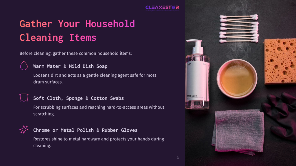 A Flat Lay Of Cleaning Supplies: Dish Soap, A Bowl, Cotton Swabs, Sponge, Soft Cloth, And Rubber Gloves On A Dark Background.