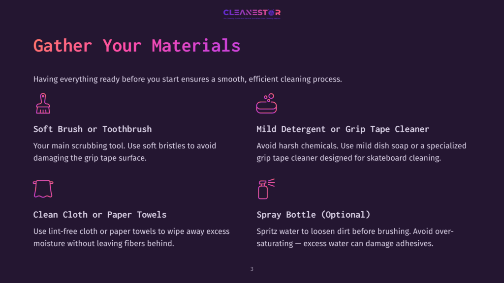 3 Gather Your Materials 1 Illustration Of Materials For Cleaning A Skateboard: A Brush, Soap, Cloth, And Spray Bottle, With Text &Quot;Gather Your Materials.