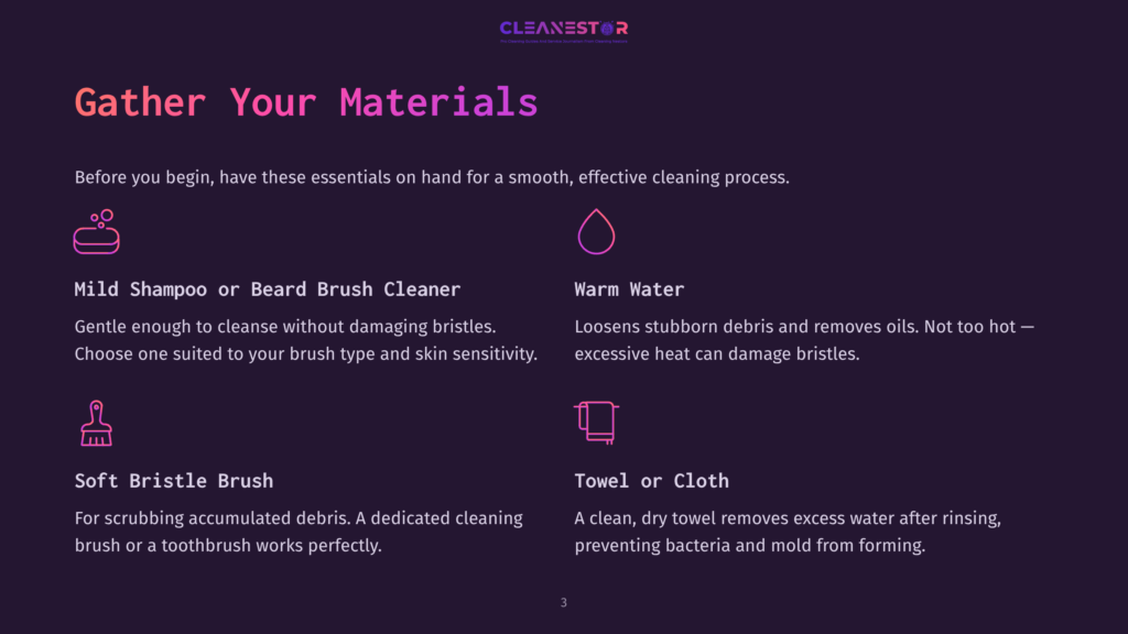 Illustration Of Four Cleaning Materials For A Beard: A Soap Icon, A Water Droplet Icon, A Brush Icon, And A Towel Icon, With Text Titles: &Quot;Mild Shampoo Or Beard Brush Cleaner,&Quot; &Quot;Warm Water,&Quot; &Quot;Soft Bristle Brush,&Quot; And &Quot;Towel Or Cloth.