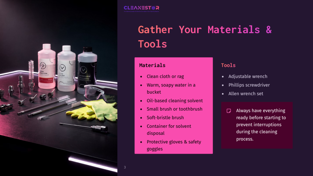 Collection Of Cleaning Supplies And Tools For An Airless Sprayer, Including Solvents, Brushes, Gloves, And Wrenches On A Dark Surface.