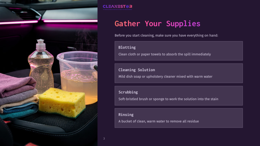Cleanestor Logo And Car Interior Cleaning Supplies: Dish Soap, Microfiber Cloths, And A Sponge, With Text Listing Cleaning Steps Like Blotting, Cleaning Solution, Scrubbing, And Rinsing.
