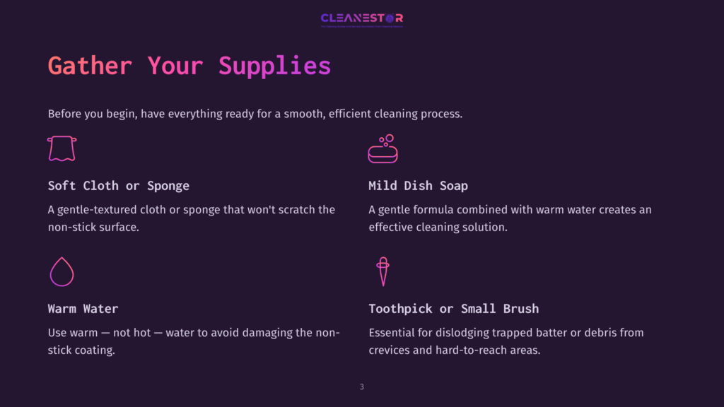 Supplies List For Cleaning: Soft Cloth, Mild Dish Soap, Warm Water, Toothpick, And Small Brush On A Dark Purple Background.