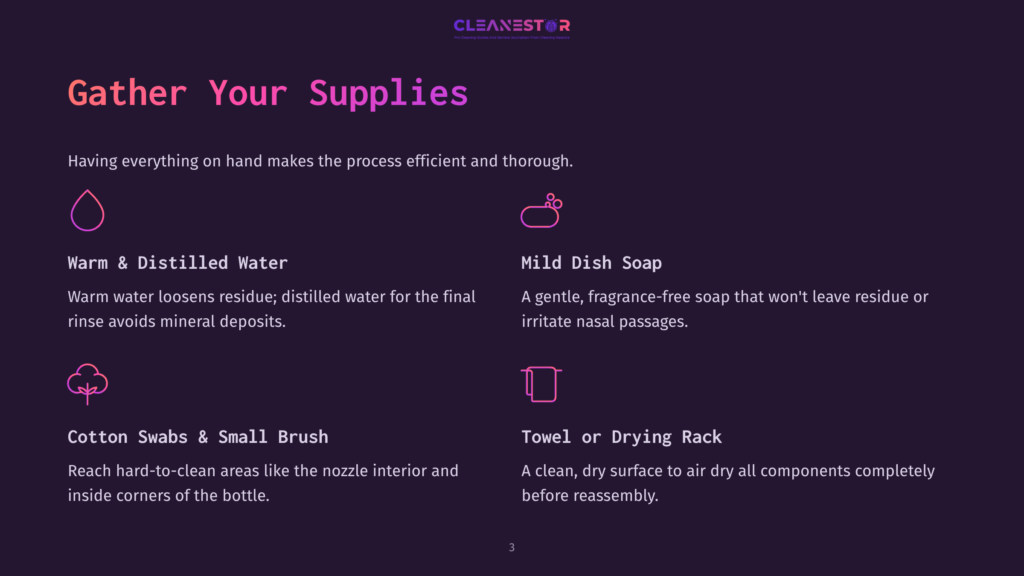 Illustration Of Cleaning Supplies: Warm Water In A Droplet Icon, Mild Dish Soap In A Soap Icon, Cotton Swabs In A Cotton Swab Icon, And A Towel In A Towel Icon. Text Reads &Quot;Gather Your Supplies&Quot; And Lists Items Needed For Cleaning.