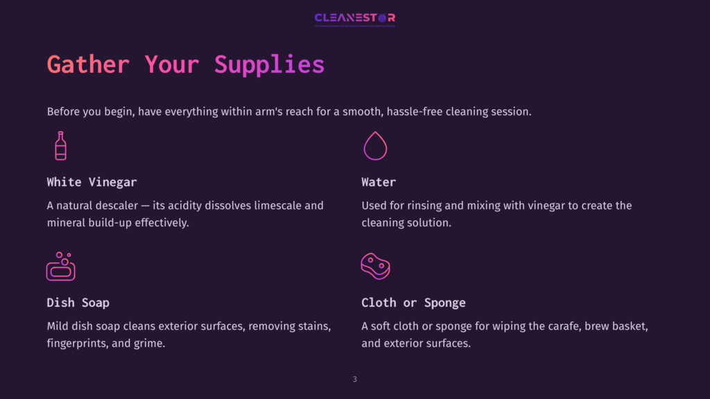 Gather Your Supplies: White Vinegar, Water, Dish Soap, And Cloth Or Sponge. Natural Descaler, Rinsing Solution, And Cleaning Tools For A Hassle-Free Cleaning Session.