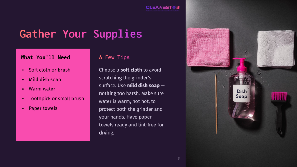 Gather Your Supplies For Cleaning A Grinder: A Soft Cloth, Mild Dish Soap, Warm Water, A Toothpick, Paper Towels, And A Brush, Laid Out On A Dark Surface.