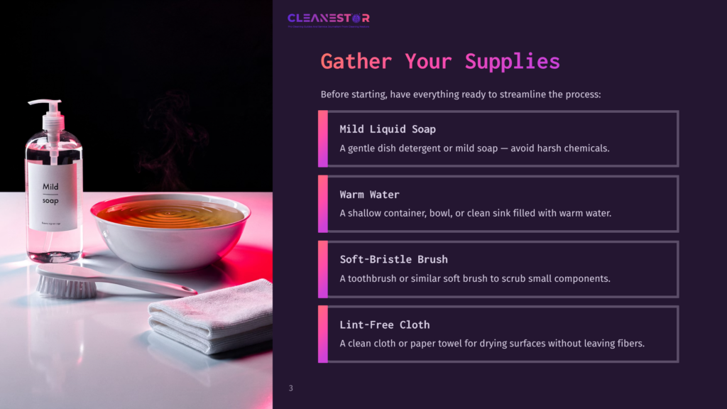 Gather Your Supplies: Mild Liquid Soap, Warm Water In A Shallow Bowl, A Soft-Bristle Brush, And Lint-Free Cloths Are Laid Out On A White Surface, Ready For Cleaning.