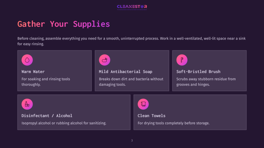 Layout Features A Dark Background With Four Pink Boxes. Each Box Lists A Cleaning Supply: Warm Water, Antibacterial Soap, Soft-Bristled Brush, And Disinfectant.