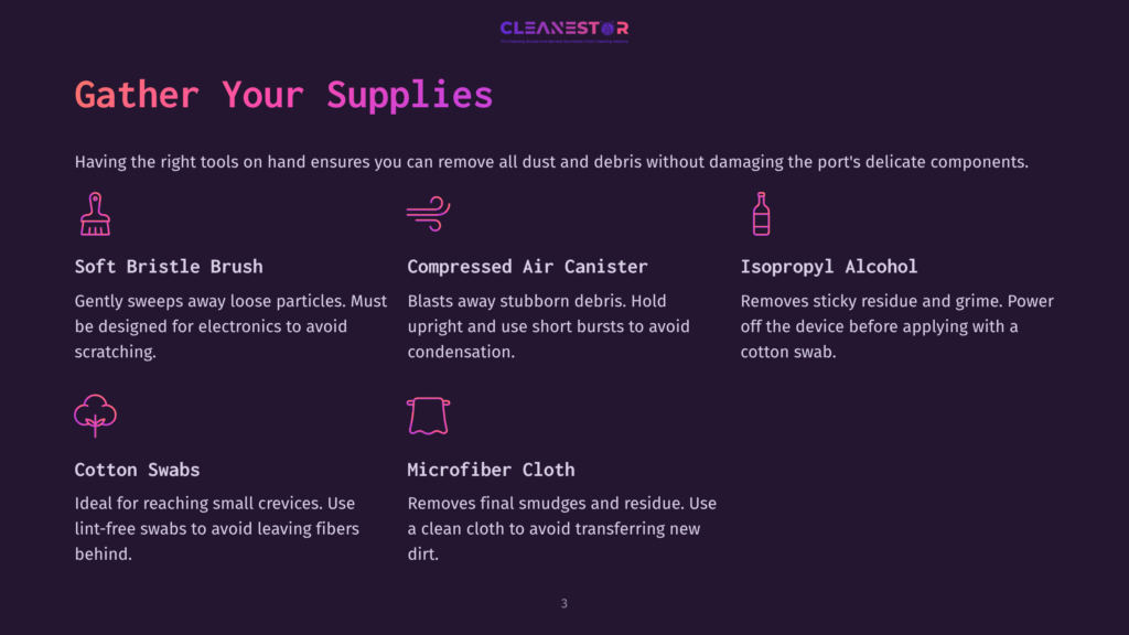 3 Gather Your Supplies 21 Illustration Of Cleaning Supplies For Electronics: Soft Bristle Brush, Compressed Air, Isopropyl Alcohol, Cotton Swabs, And Microfiber Cloth, With Accompanying Text Descriptions.