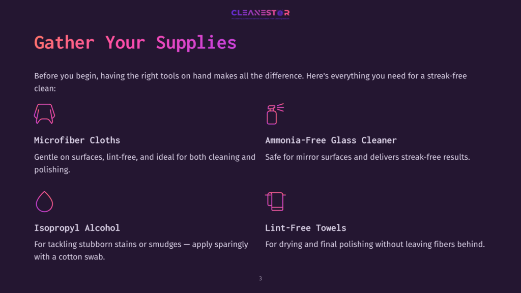 3 Gather Your Supplies 4 Supplies List For Cleaning Car Mirrors Featuring Microfiber Cloths, Ammonia-Free Glass Cleaner, Isopropyl Alcohol, And Lint-Free Towels On A Dark Background.