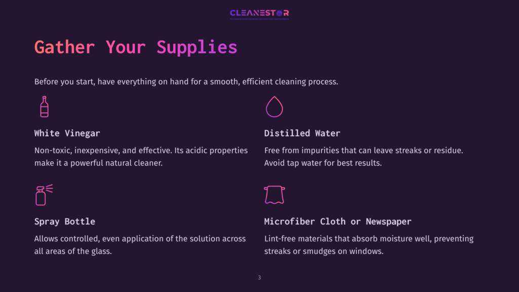 Supplies List For Cleaning Car Windows: Vinegar, Distilled Water, Spray Bottle, Microfiber Cloth Or Newspaper On A Purple Background.