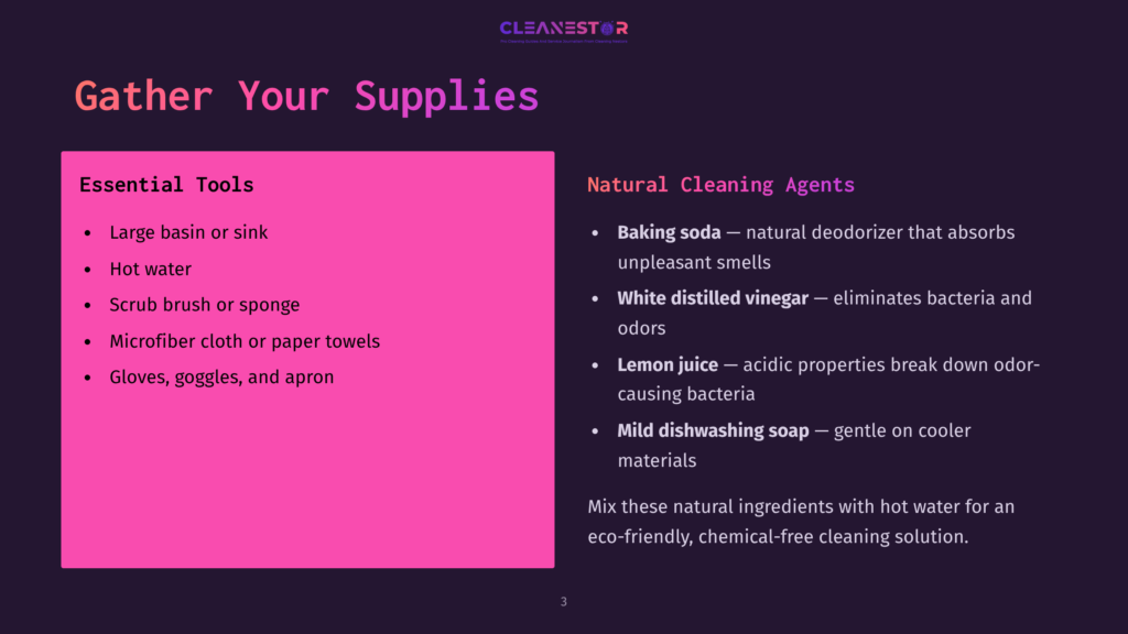 Colorful Layout With A Purple Background Listing Essential Cleaning Supplies And Natural Cleaning Agents, Including Baking Soda And Vinegar.