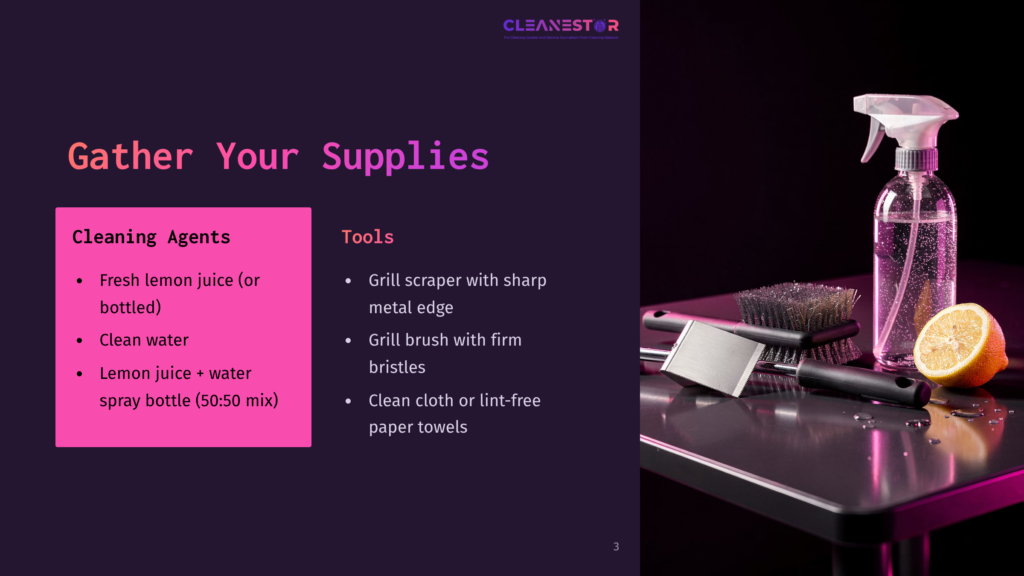 Brightly Lit On A Dark Background, A Cleaning Spray Bottle And Lemon Slices Are Displayed Alongside A Grill Scraper, Brush, And Paper Towels.