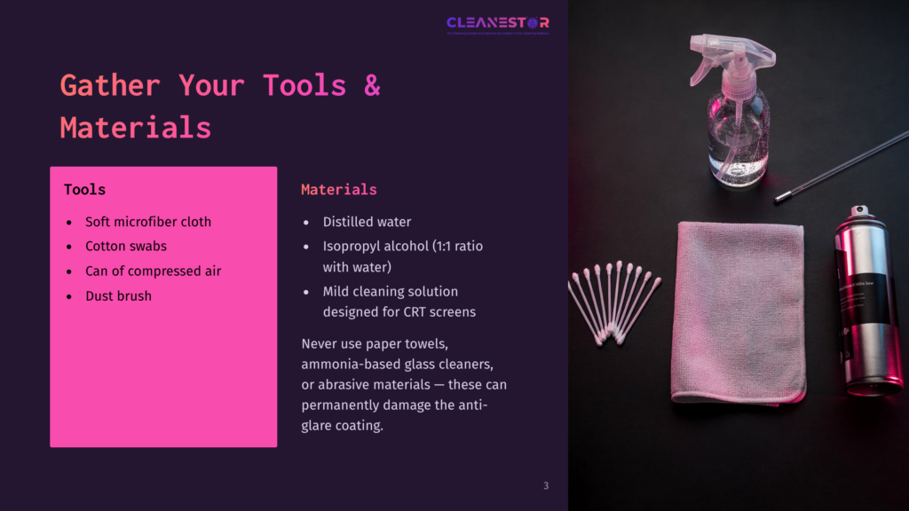 A Purple And Pink Layout Displaying Cleaning Tools: Microfiber Cloth, Cotton Swabs, Compressed Air, Spray Bottle, And A Towel.