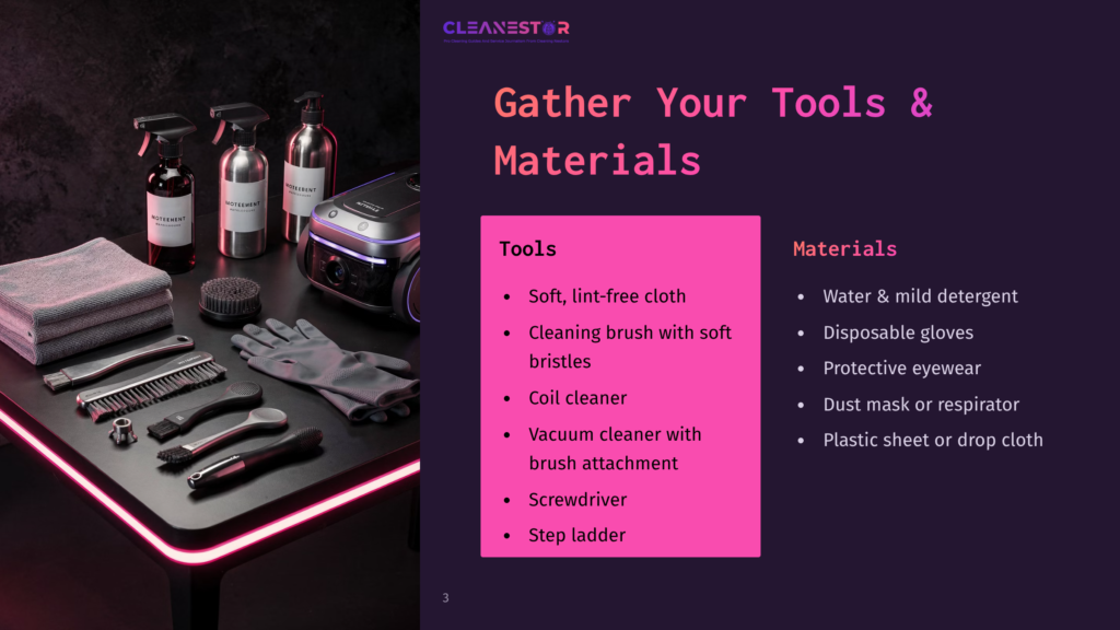 A Neatly Arranged Cleaning Setup Featuring Tools Like Brushes, A Vacuum, And Spray Bottles On A Black Table, With A Pink List Of Materials.