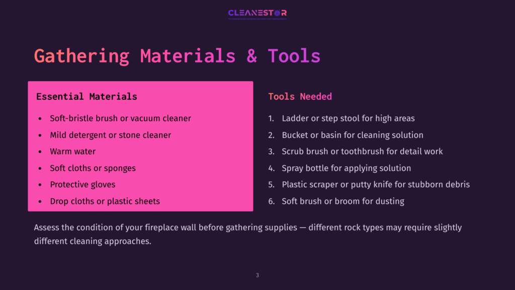 A List Of Cleaning Materials And Tools For A Rock Fireplace, Featuring Vibrant Pink Headings And A Dark Background For Contrast.