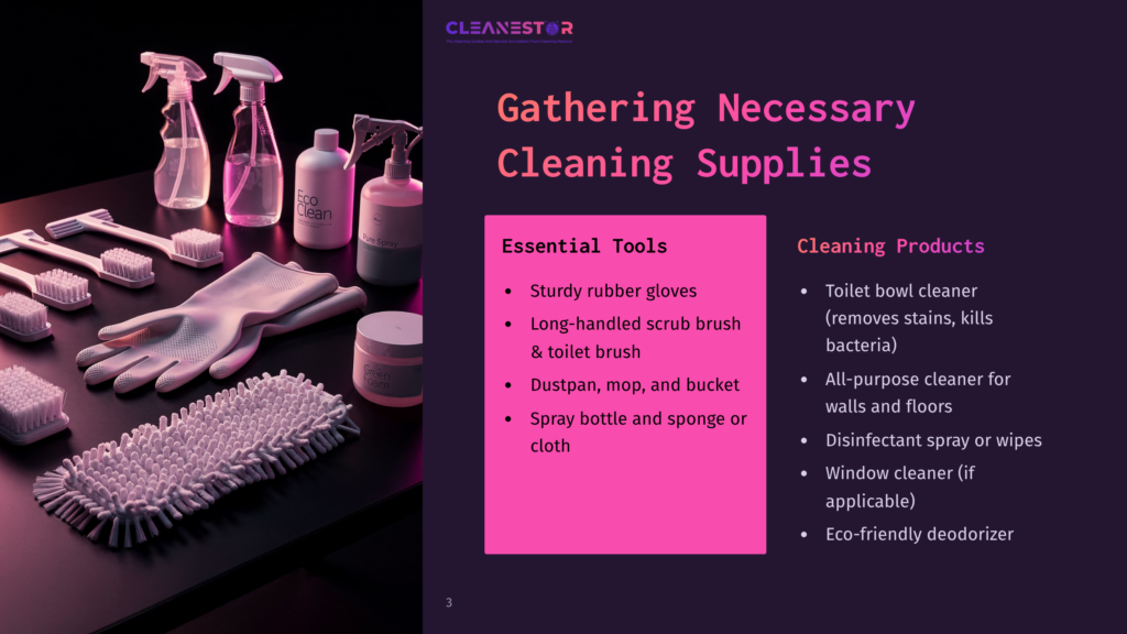 Various Cleaning Supplies Arranged On A Table, Including Spray Bottles, A Scrub Brush, Gloves, And Sponges, In Pink And Purple Tones.