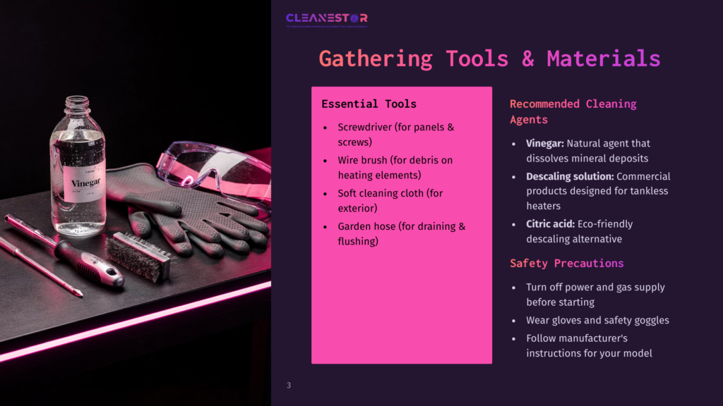 Cleaning Tools Displayed On A Table, Including A Bottle Of Vinegar, A Screwdriver, A Wire Brush, A Soft Cloth, And A Garden Hose, On A Purple Background.