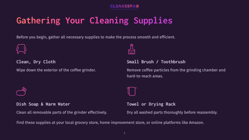 List Of Cleaning Supplies For A Coffee Grinder, Including A Cleaning Cloth, Small Brush, Dish Soap, Warm Water, Towel, And Drying Rack.