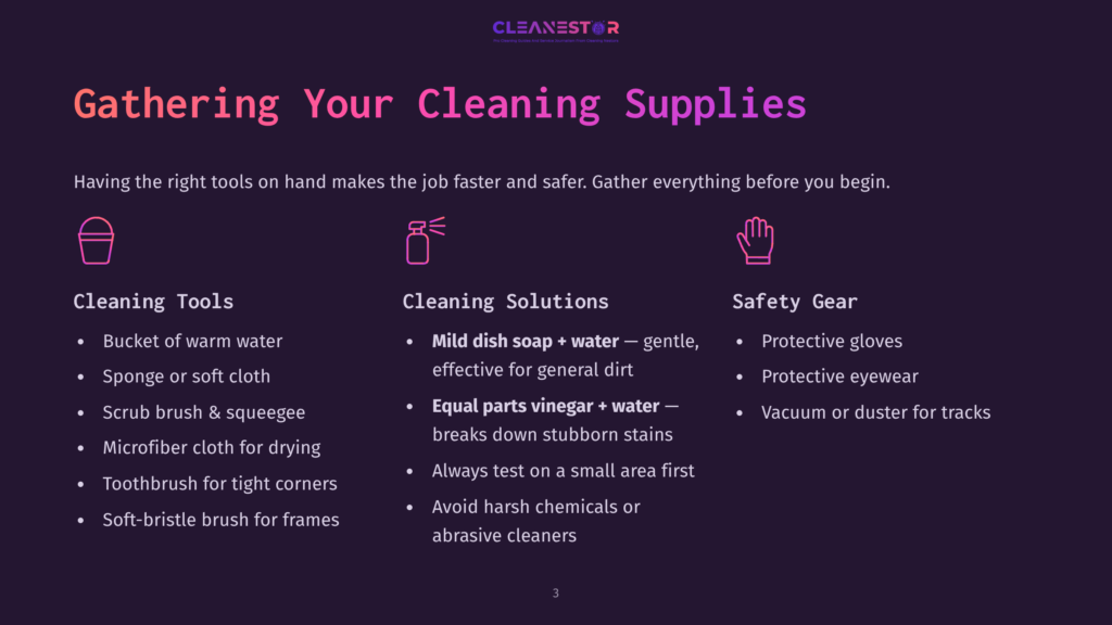 3 Gathering Your Cleaning Supplies 4 Illustration Detailing Cleaning Supplies, Solutions, And Safety Gear. Includes Sections For Cleaning Tools (Bucket, Sponge, Scrub Brush, Microfiber Cloth, Toothbrush, Soft-Bristle Brush), Cleaning Solutions (Mild Dish Soap + Water, Equal Parts Vinegar + Water), And Safety Gear (Protective Gloves, Protective Eyewear, Vacuum Or Duster). The Text &Quot;Gathering Your Cleaning Supplies&Quot; Is Prominently Displayed.