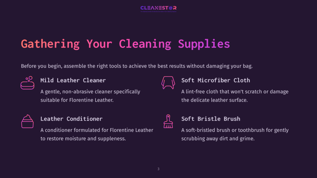 Gathering Cleaning Supplies: Mild Leather Cleaner, Leather Conditioner, Soft Microfiber Cloth, And Soft Bristle Brush Icons On A Dark Purple Background With A Gradient Effect.