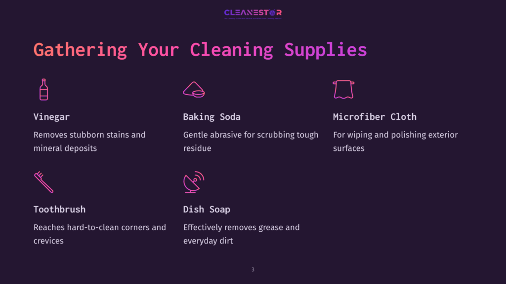 Illustration Of Cleaning Supplies: A Bottle Of Vinegar, A Box Of Baking Soda, And A Microfiber Cloth, With A Toothbrush And Dish Soap Below. The Text &Quot;Gathering Your Cleaning Supplies&Quot; Is Prominent.